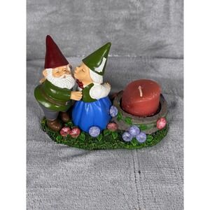 Garden Gnome Couple Kissing Resin Candle Holder Small Red Pillar Floral Decor